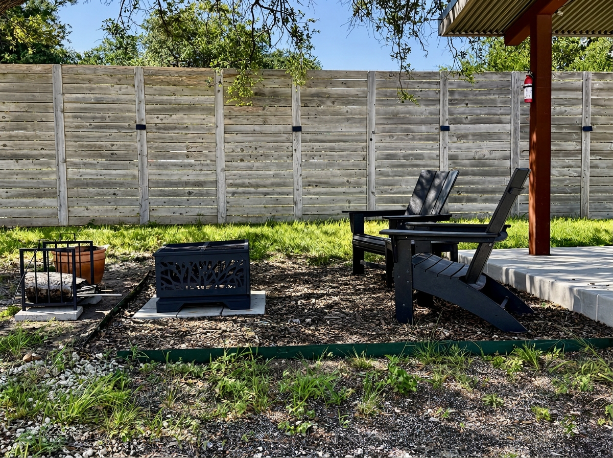 Private fire pits and Adirondack seating beside the pavilion at Site 062